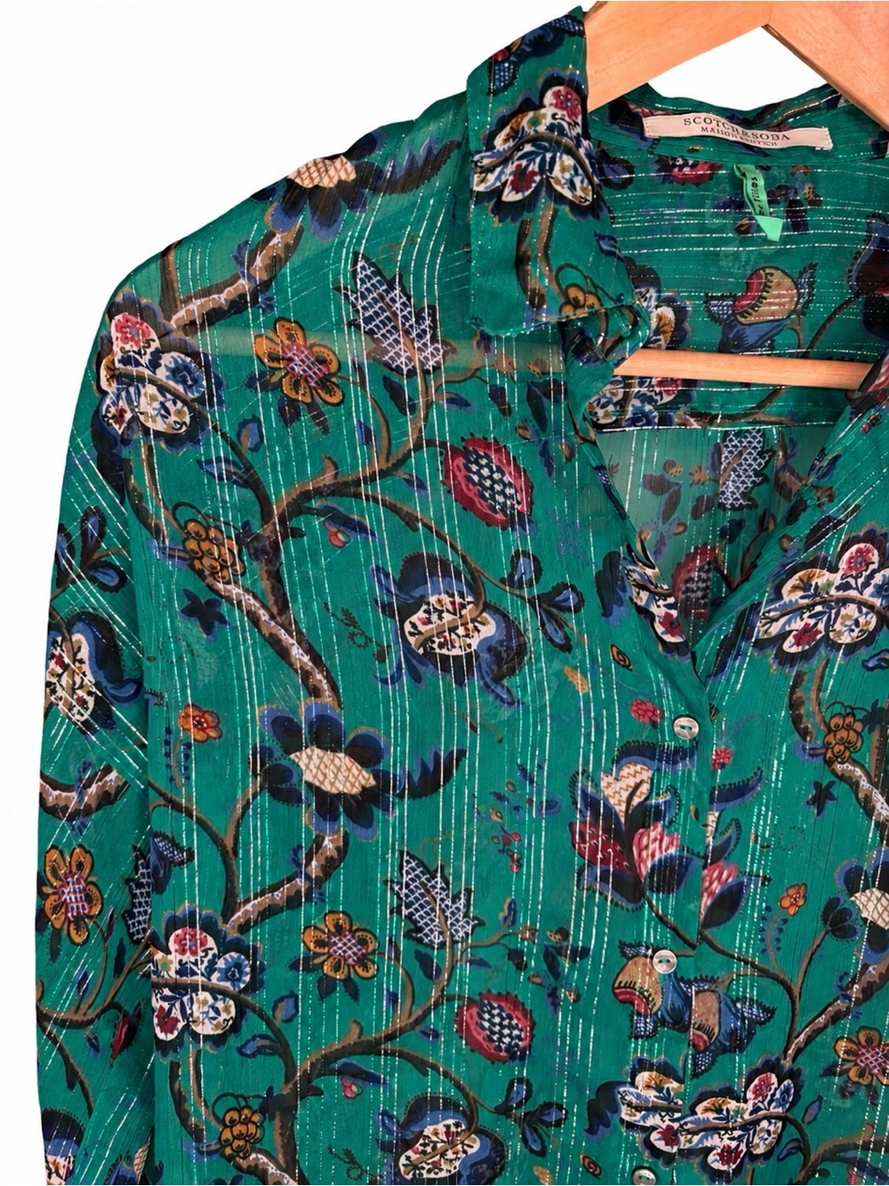 Scotch & Soda Maison Scotch Emerald Floral Sheer Metallic Blouse Size 6 - Picture 6 of 14